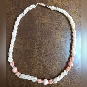 VINTAGE FAUX ANGEL SKIN CORAL AND PEARL NECKLACE